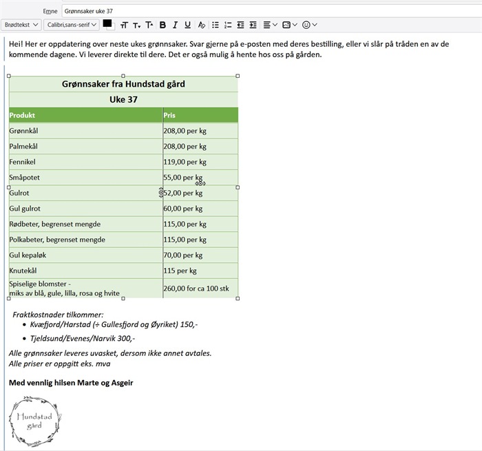 Ukentlig prisliste for HORECA Skjermbilde av ukentlig e-post med tilgjengelige grønnsaker og priser for HORECA-kunder